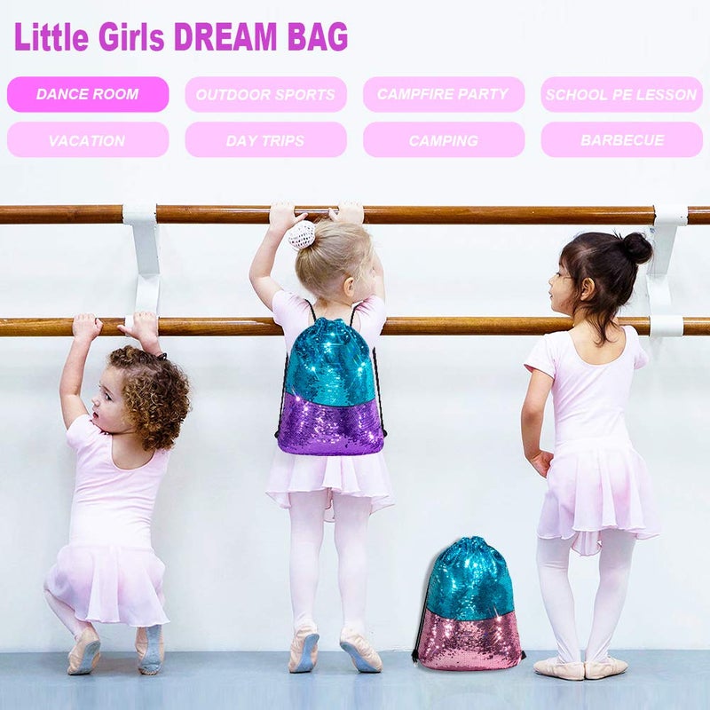 GA&EN Mermaid Reversible Sequin Drawstring Backpack, Blue/Pink Dance Bag for Girls Kids with Headband Keychain Bracelet for Christmas Gift Princess Dress Up Clothes Costume Party Birthday - Image 2